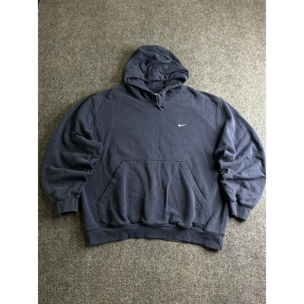 Mens 90s Nike Mini Swoosh Pullover Hoodie Navy, Size L - Picture 1 of 5